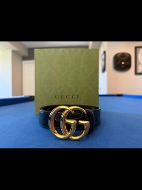 Gucci Black Leather Belt with Gold Double G Buckle